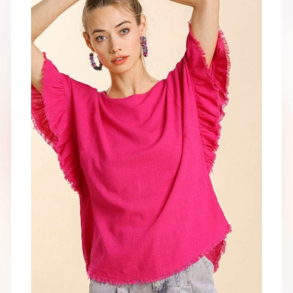 Umgee Pink Linen Ruffle Sleeve Top - Picture 2 of 10